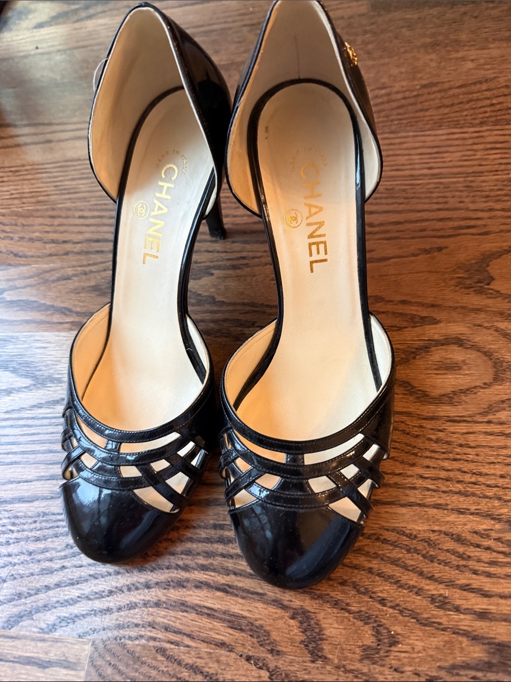 CHANEL Black Patent Leather Strappy D'Orsay Heels size 40.5